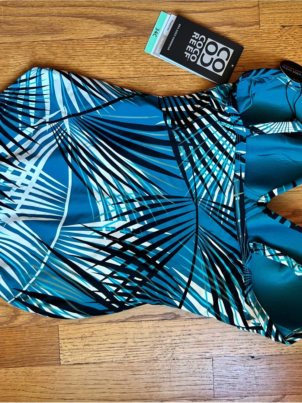 Coco Reef Teal and Black Palm-Print One-Piece Swimsuit 34C - Picture 2 of 4